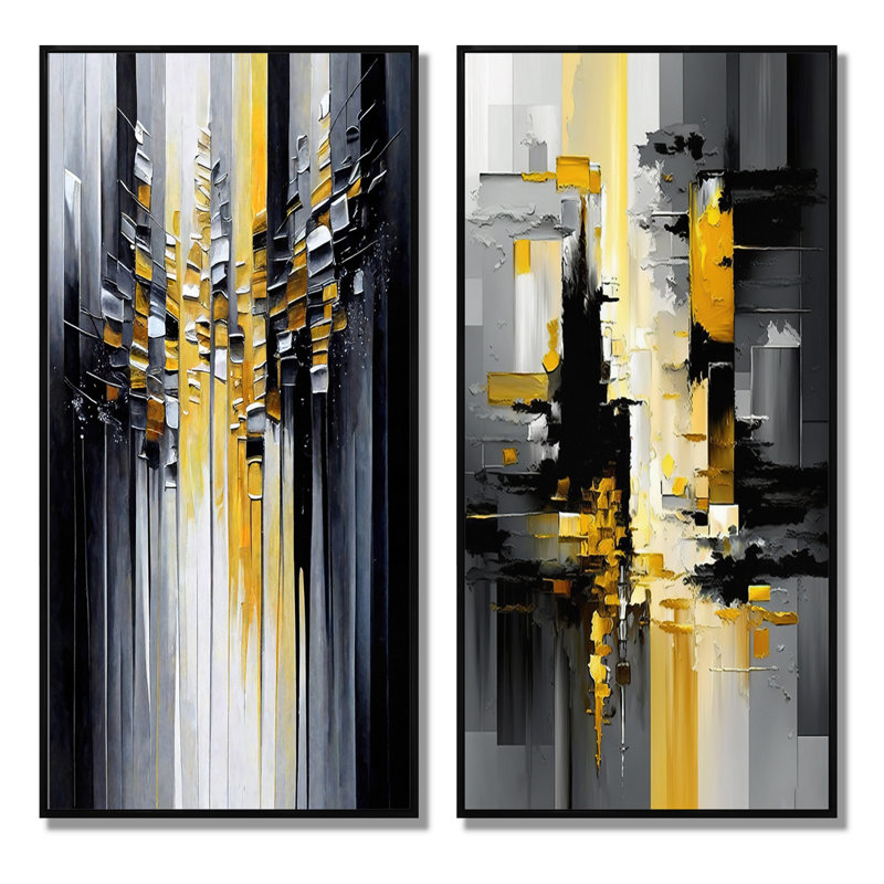 Art mural noir et jaune géométrique, ensemble de 2 pièces sur toile - abstrait géométrique noir et jaune III, Cadre noir
