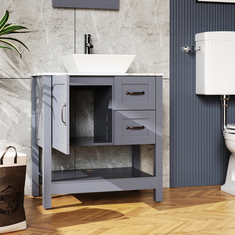 30" Dark Blue Bathroom Sink Vanity - Marble Pattern Top, Hinges, Tranquility Like Sea And With Chic Bronze Handle Scratch, Competitive Valued