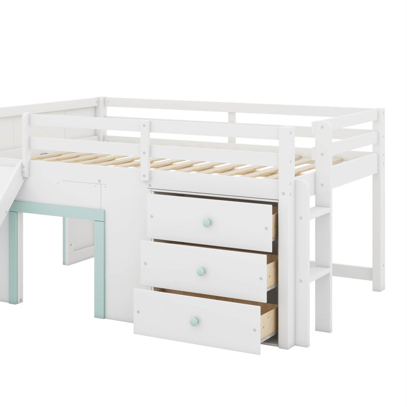 Full Size Low Loft Bed With Slide,Drawers And Doors