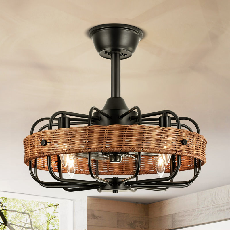 18.8" Farmhouse Woven Rattan Caged Ceiling Fan Boho Ceiling Fan With Lights And Remote Control