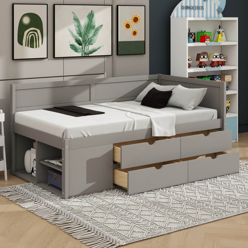 Daybed With Built In Drawers And Shelves, Grey, Twin