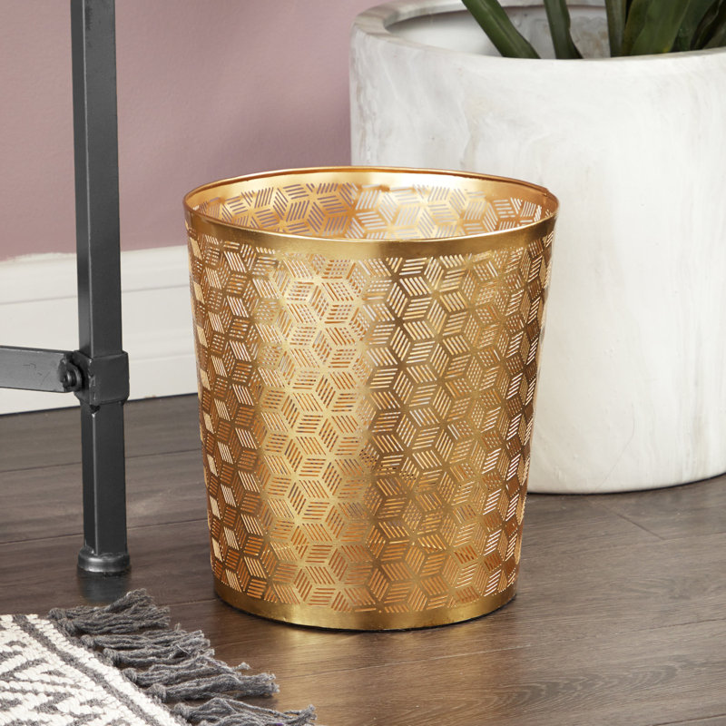 Metal Cube Geometric Gold Small Waste Bin with Laser Carved Design