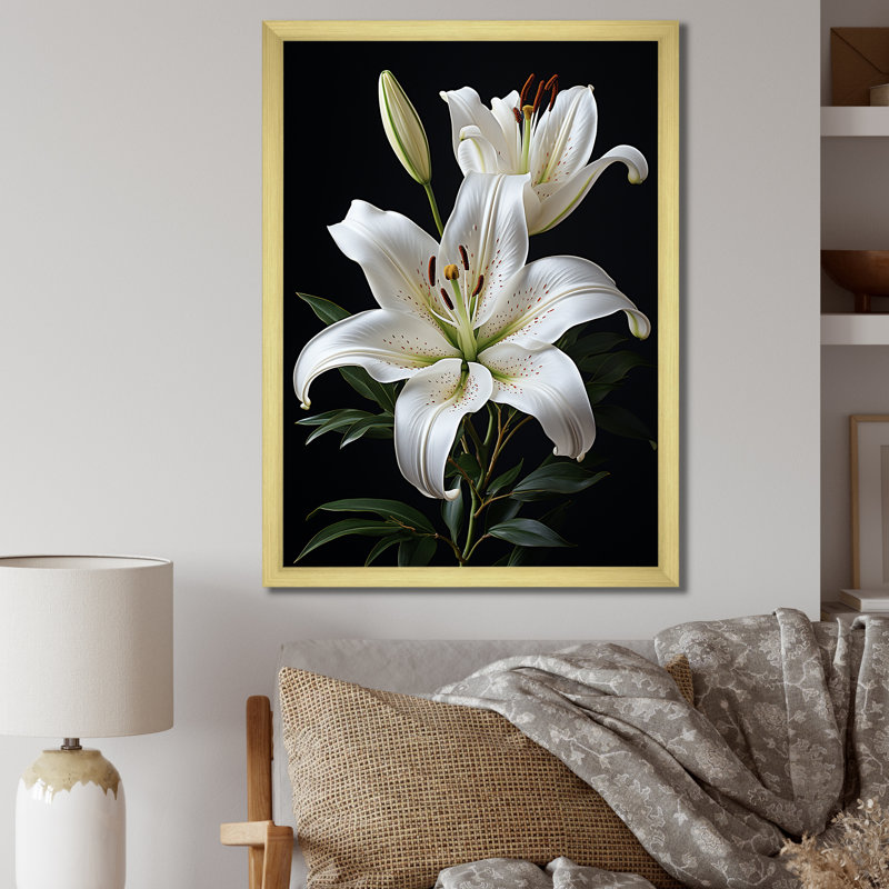 «Black White Lily Exquis II» - lys, impressions sur toile, Cadre doré simple, H 40 po x l 30 po x P 1,5 po