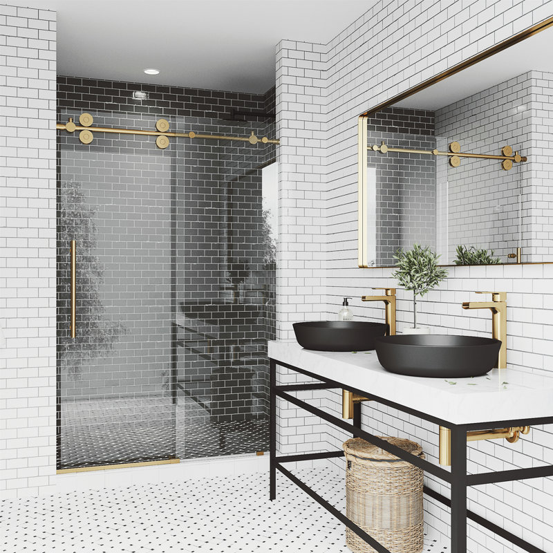 Elan 60-64" W x 74" H Sliding Frameless Shower Door with 3/8" Clear Glass, Matte Brushed Gold
