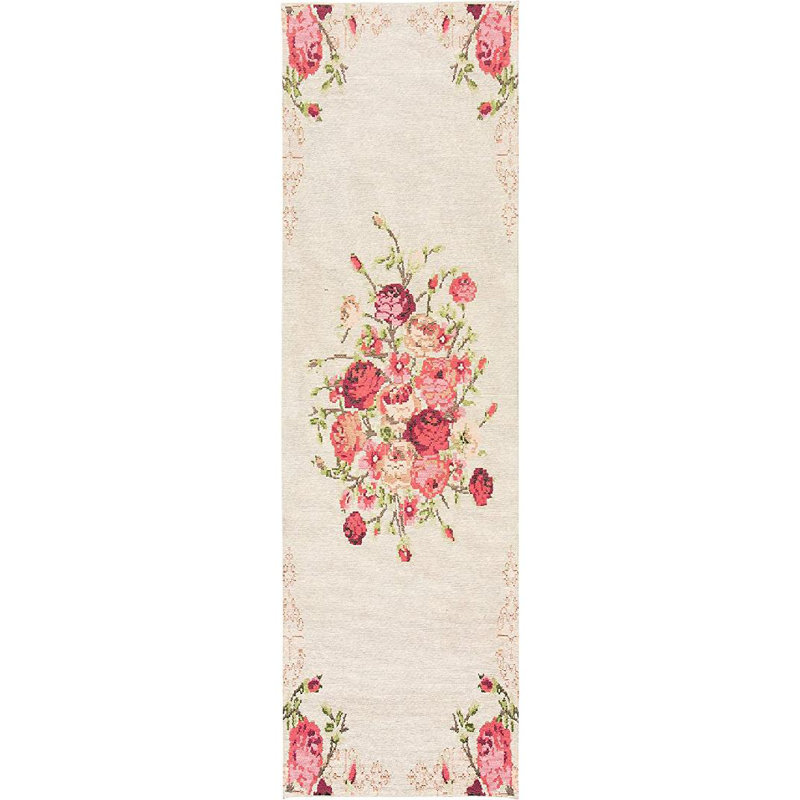 Tapis intérieur / extérieur en polyester tissé à la machine Mehvish - rouge / beige / vert, Tapis de couloir 2 pi 3 po x 8 pi