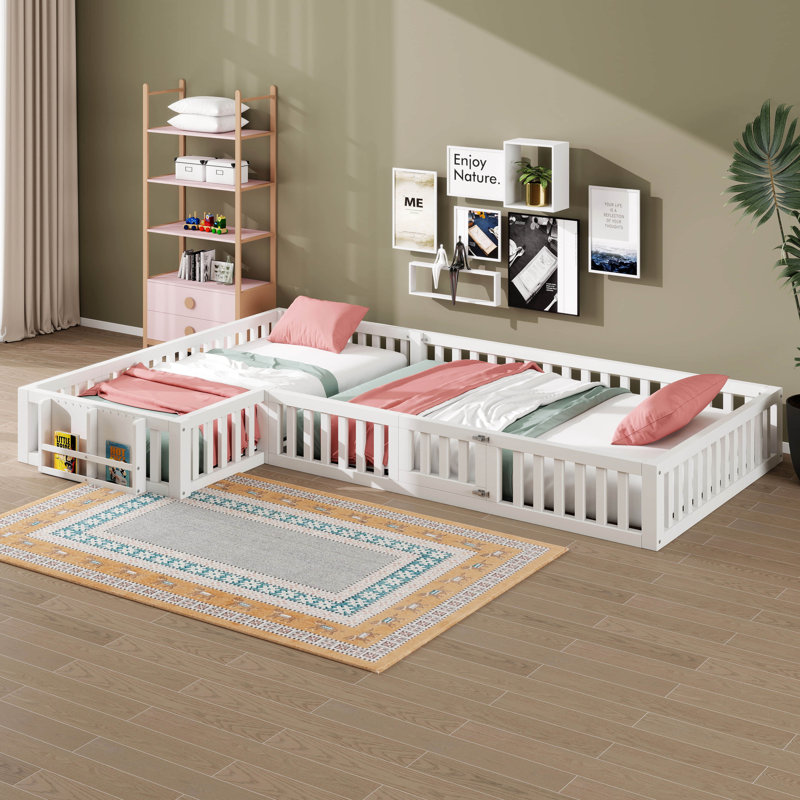 Lit Montessori d'angle en forme de L pour lit simple et double, avec tablette et barrières de sécurité. Cadre de lit Montessori en bois massif avec barrières de sécurité et barrière verrouillable.