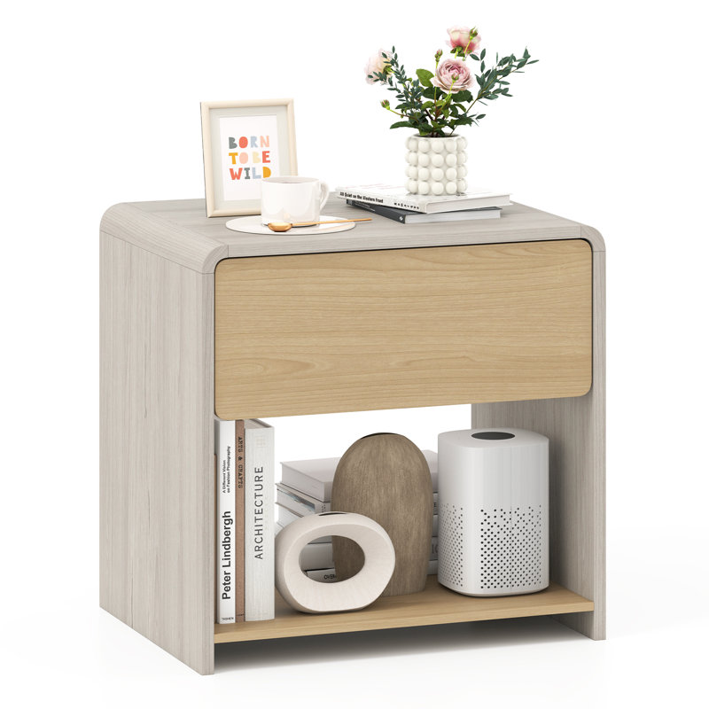Modern Style Nightstand 2-Tier Sofa Side Bedside Table w/ Drawer & Open Shelf, Individual
