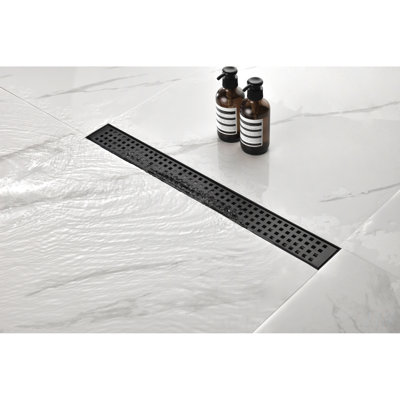 Linear Shower Drain with Removable Quadrato Grate, Stainless Steel, Hair Strainer, and Leveling Feet for Easy Installation