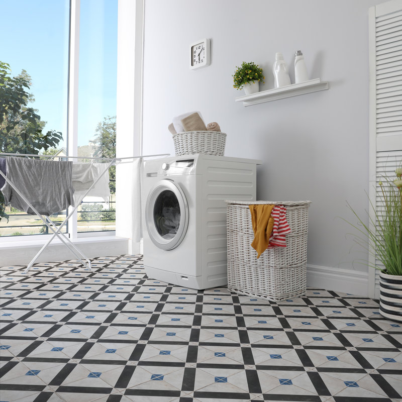 Renaissance Deco 8" x 8" Porcelain Wall & Floor Tile, Indigo/White