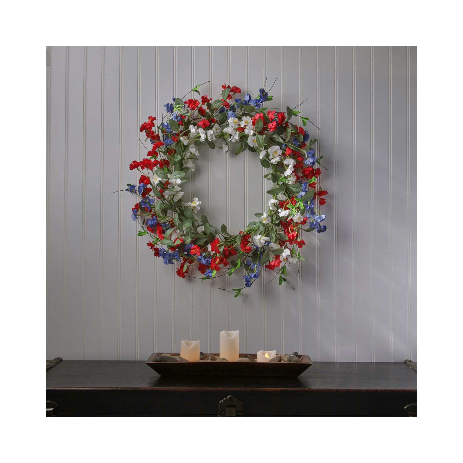 24"Mini Garden Blossom Wreath, Blue, Red, White