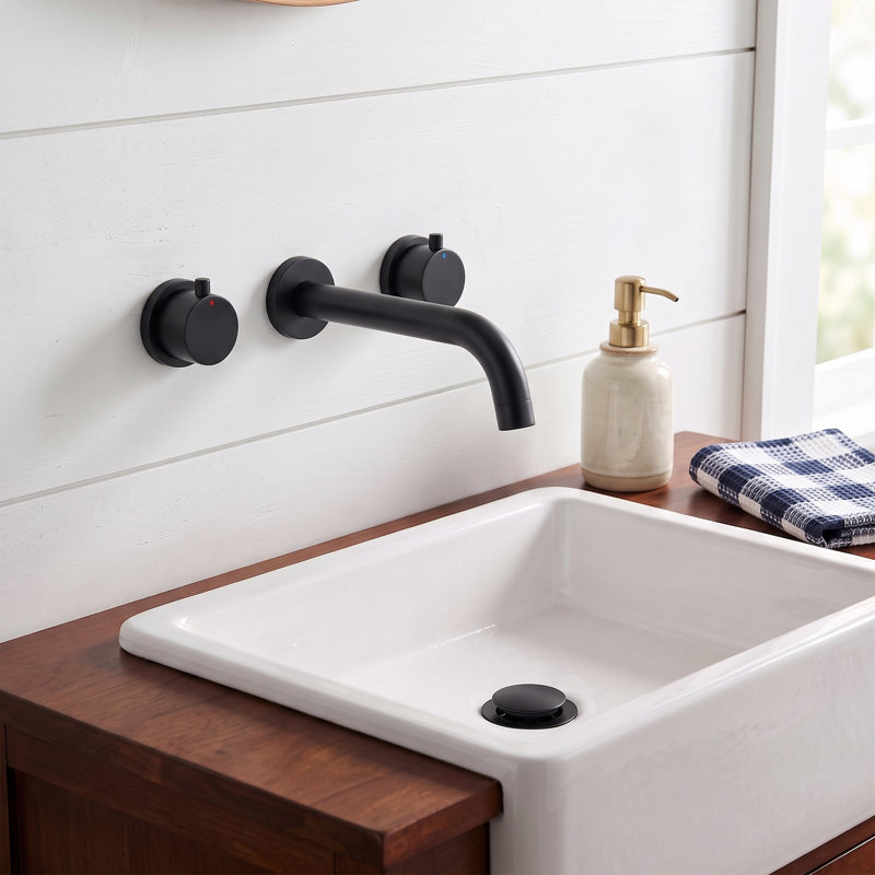 Modern Wall Mounted 2-handle Bathroom Sink Faucet in Matte Black, Solid Brass With Drain Assembly, Matte Black, Knob Handle