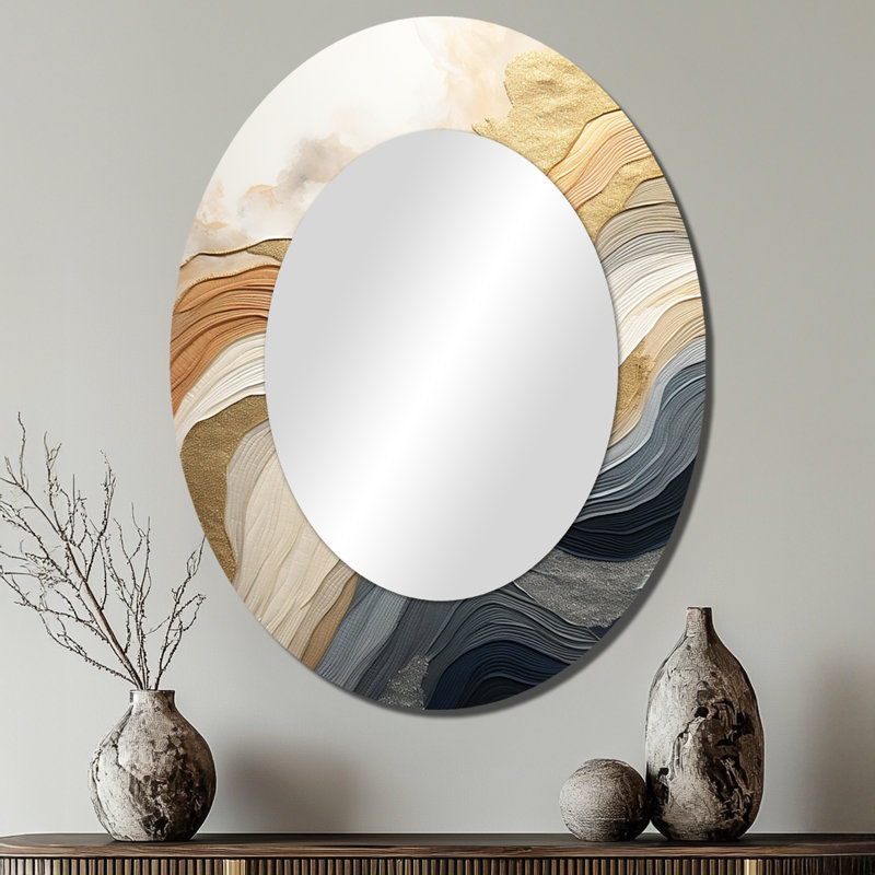 Blanc et bleu Coastal Waves Fusion - Grand miroir mural ovale sur métal, 40 po x 30 po