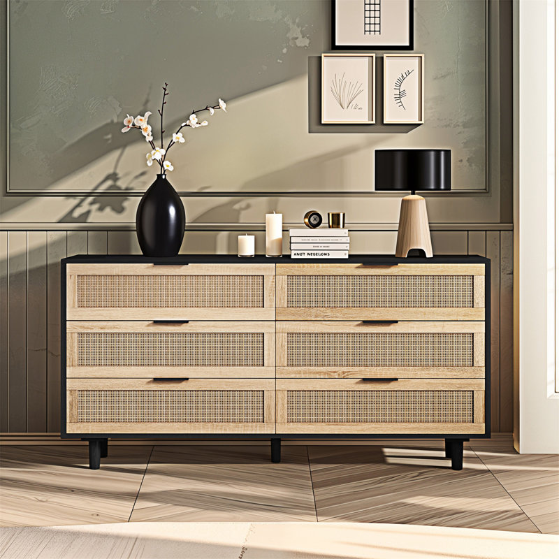 Sideboard,Buffet table,Dining cabinet,Office credenza with 6  Rattan Drawers, Black