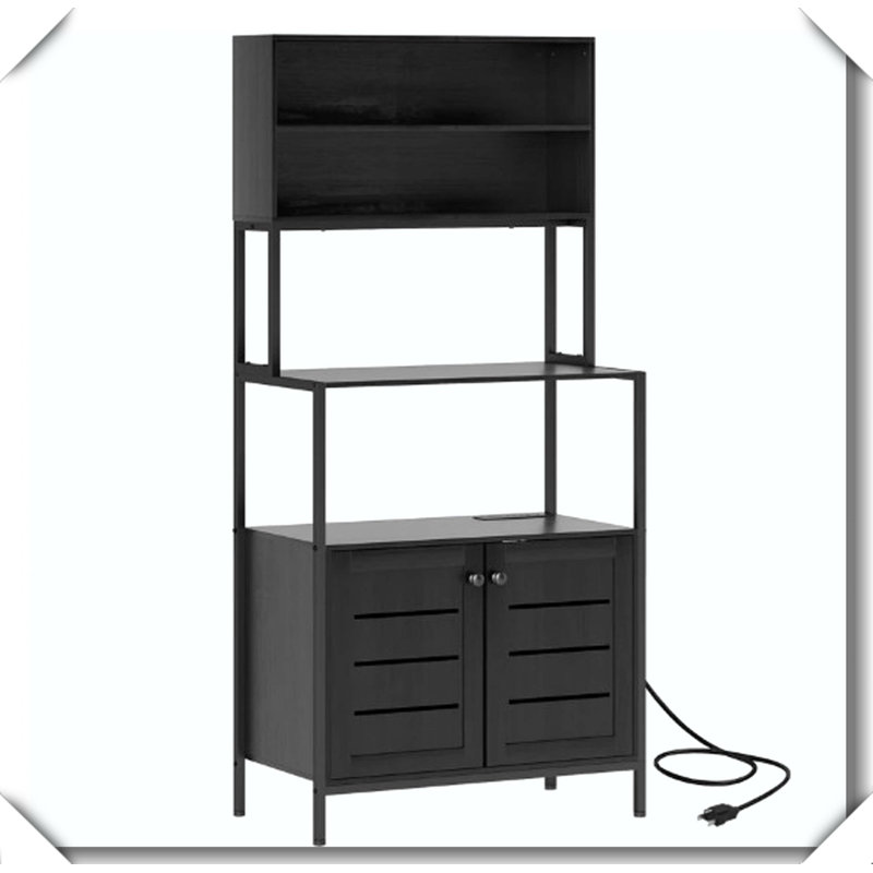 Convenient Coffee Station Rack Power Outlet Storage Shelves Anti-Tipping Stable, Black