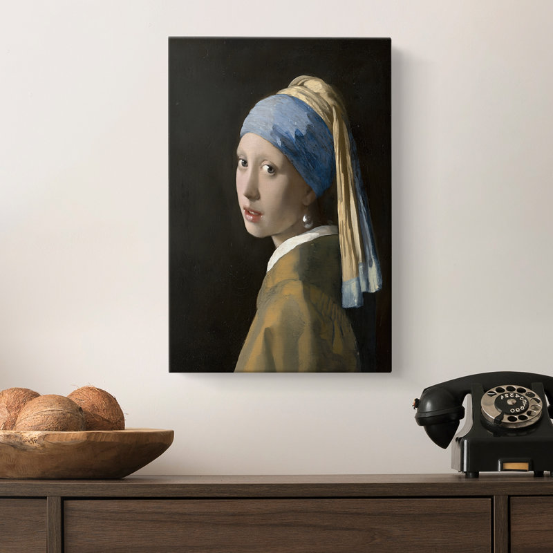 Fille avec une boucle d'oreille perle - Toile tendue avec châssis par Johannes Vermeer, 12 x 18