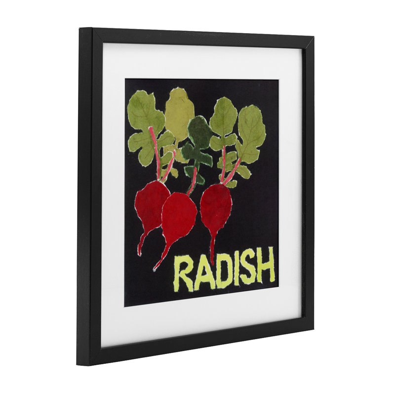 Collage de légumes radis, reproduction encadrée sous verre, conception de Nancy Overton, H 16 po x l 16 po, Cadre noir minuit
