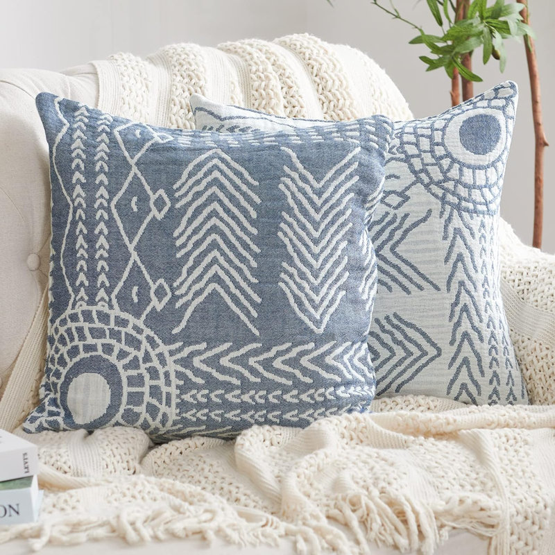  Housse de coussin géométrique en coton, Bleu