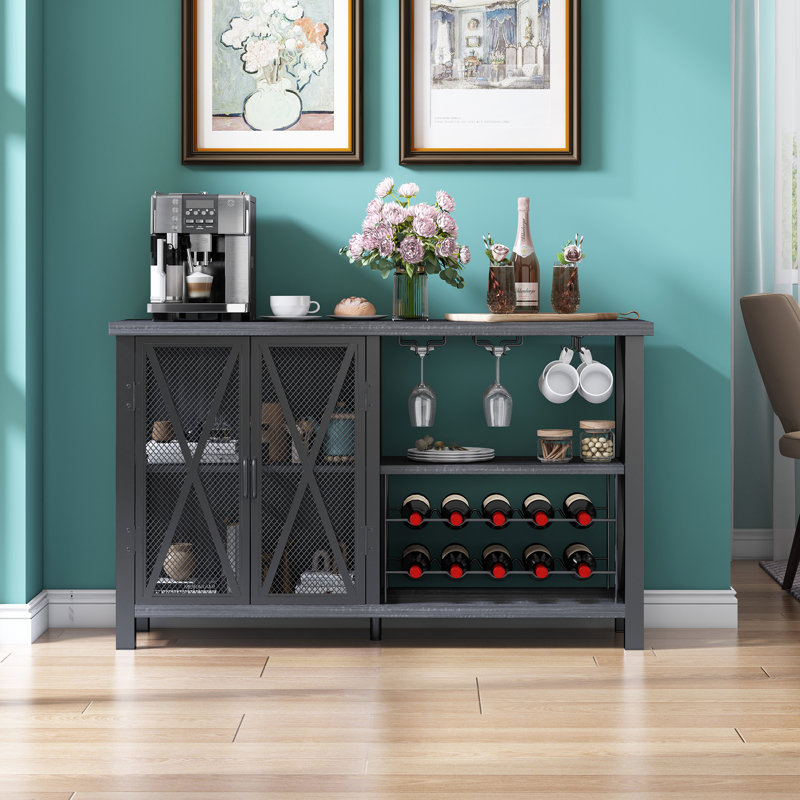 Bluffton Wine Bar Cabinet for Glasses, Sideboard with Doors, Gray