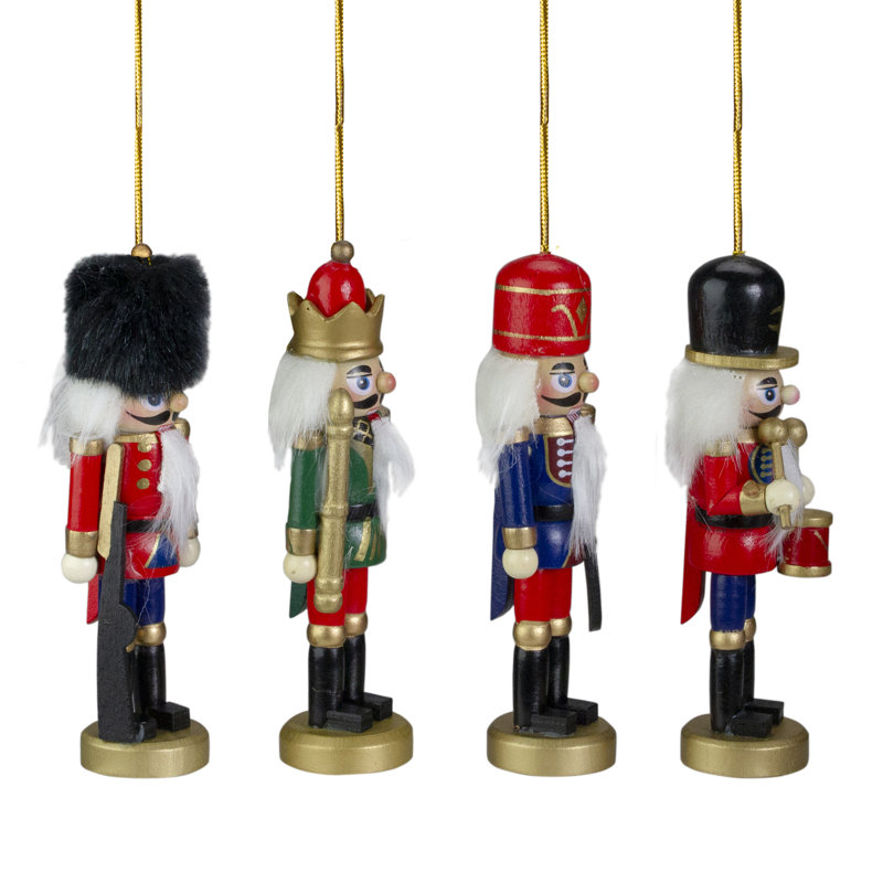 Set of 4 Classic Wooden Nutcracker Ornaments with Faux Fur