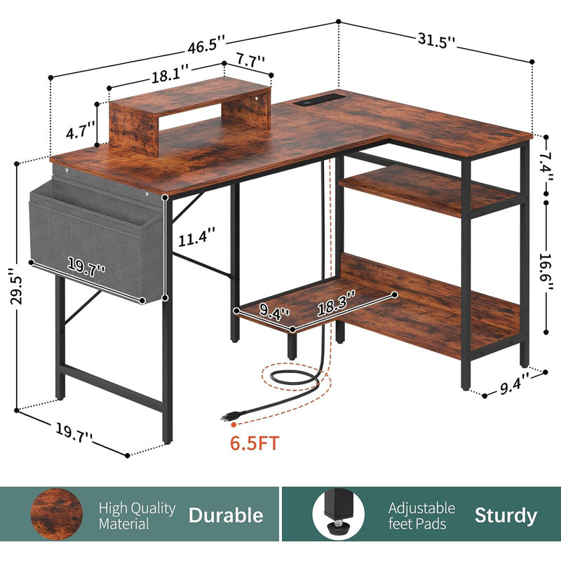 Moutanabi L-Shaped Metal Base Computer Desk with Power Outlet