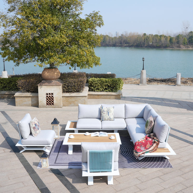 Ensemble de conversation d'extérieur 7 personnes avec coussins Lois, Blanc, Beige