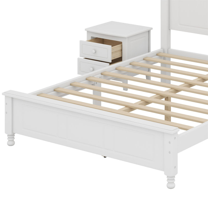 Lit plateforme en bois et deux tables de chevet, Blanc, Double