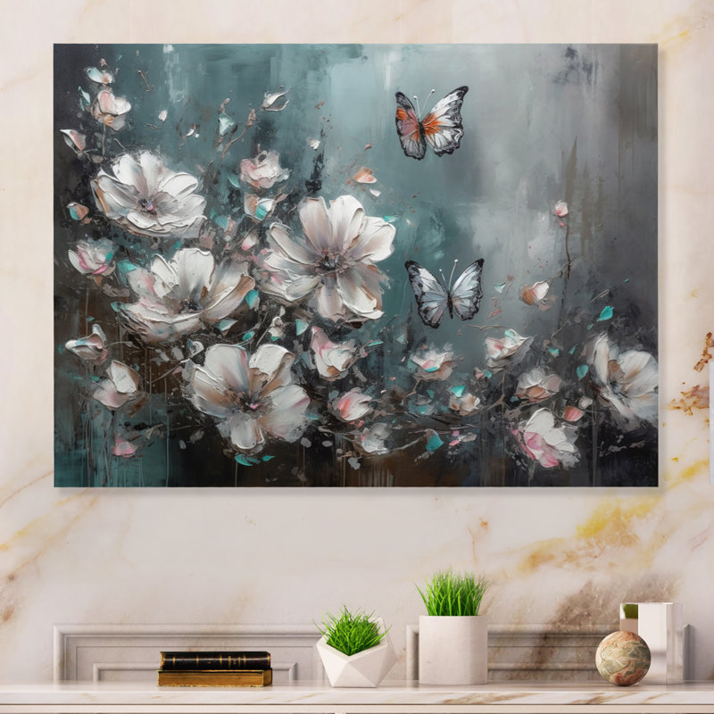 «Ryoko Flowers With Butterflies», peinture II sur toile, Toile tendue, H 12 po x l 20 po x P 1 po
