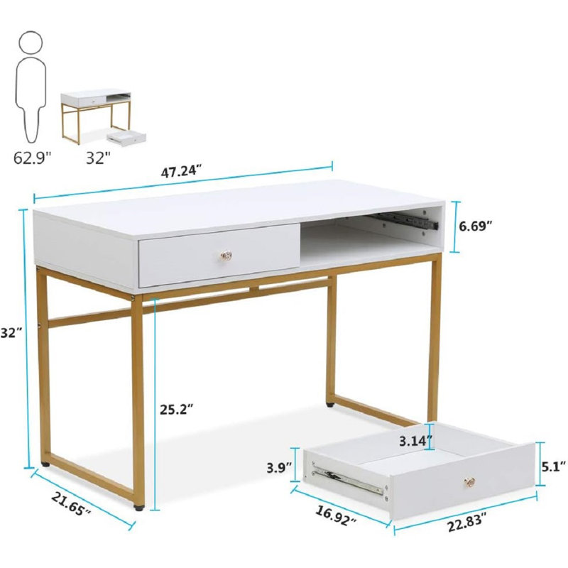 Jahnke Metal Base Computer Desk, White/Gold