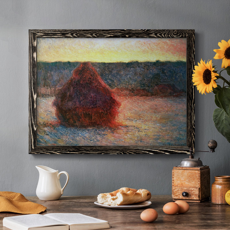 «Grainstack at Sunset, Winter, 1890» par J Paul - reproduction d'art sur toile simple, Cadre photo noir simple