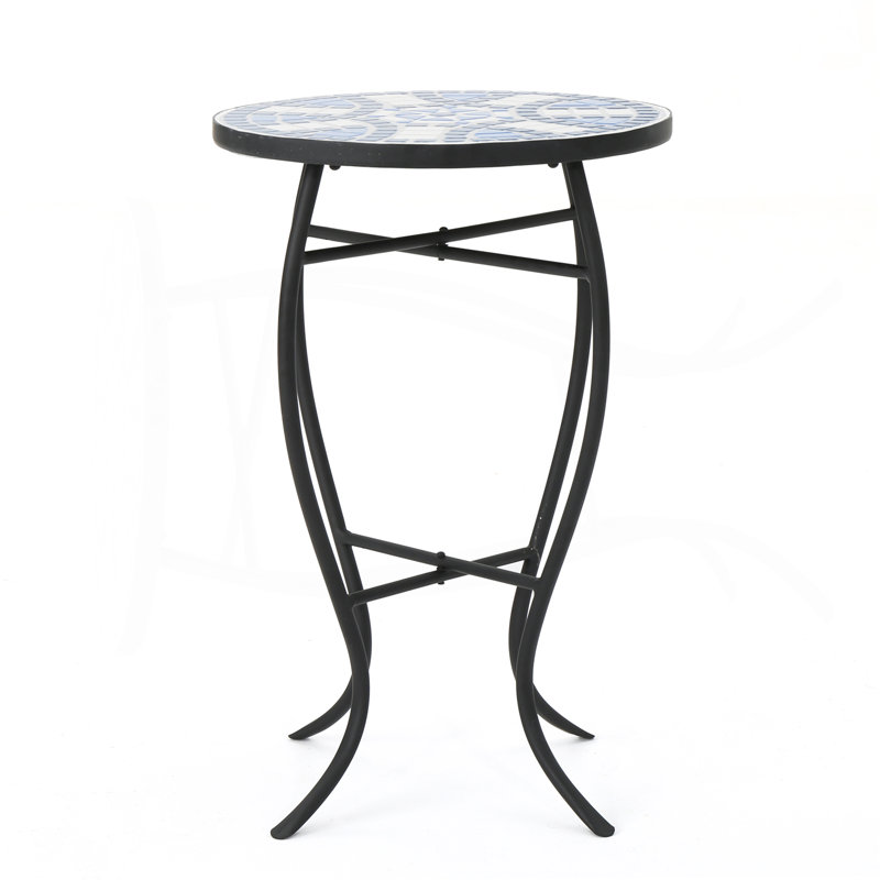Outdoor Round Side Table With Mosaic-Style Top And Curved Iron Legs, End Table-Blue ,Wihte And Matte Black