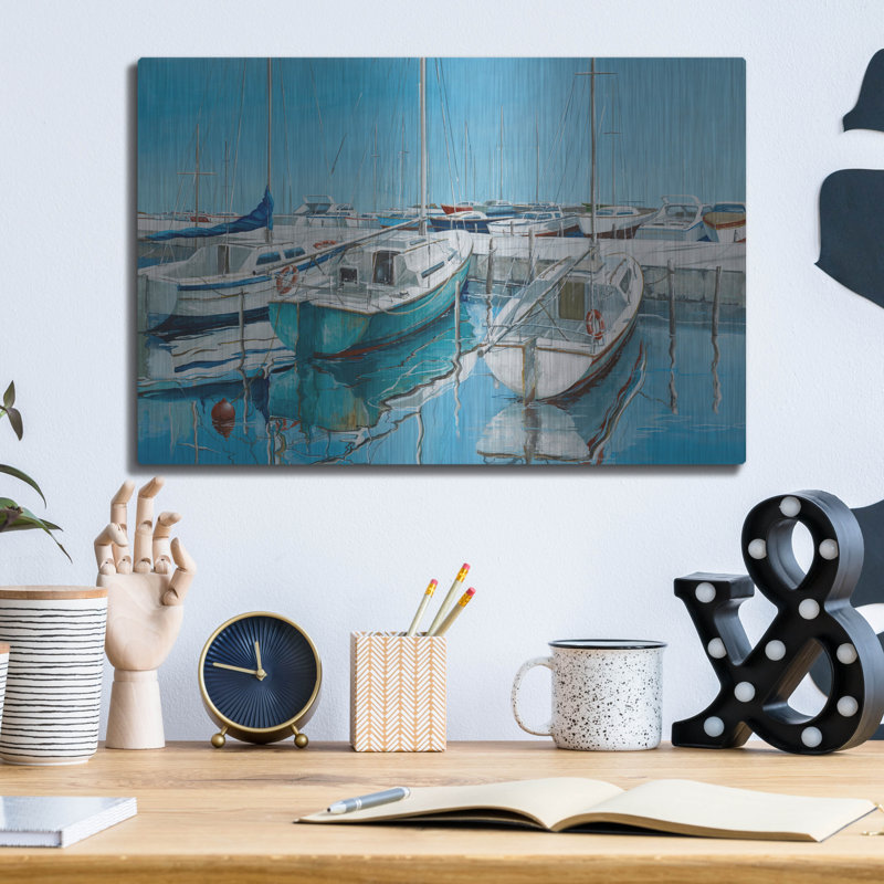 Art mural en métal Breakwater Bay «Anchored Bateaux On Pier» par Max Maxx, H 12 po x l 16 po