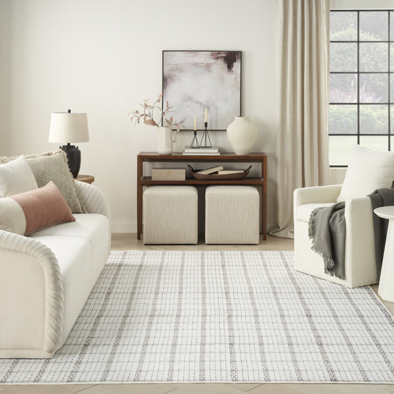 Tysie Geometric Machine Washable Cotton Area Rug in Ivory/Black, Rectangle 9'2" x 12'