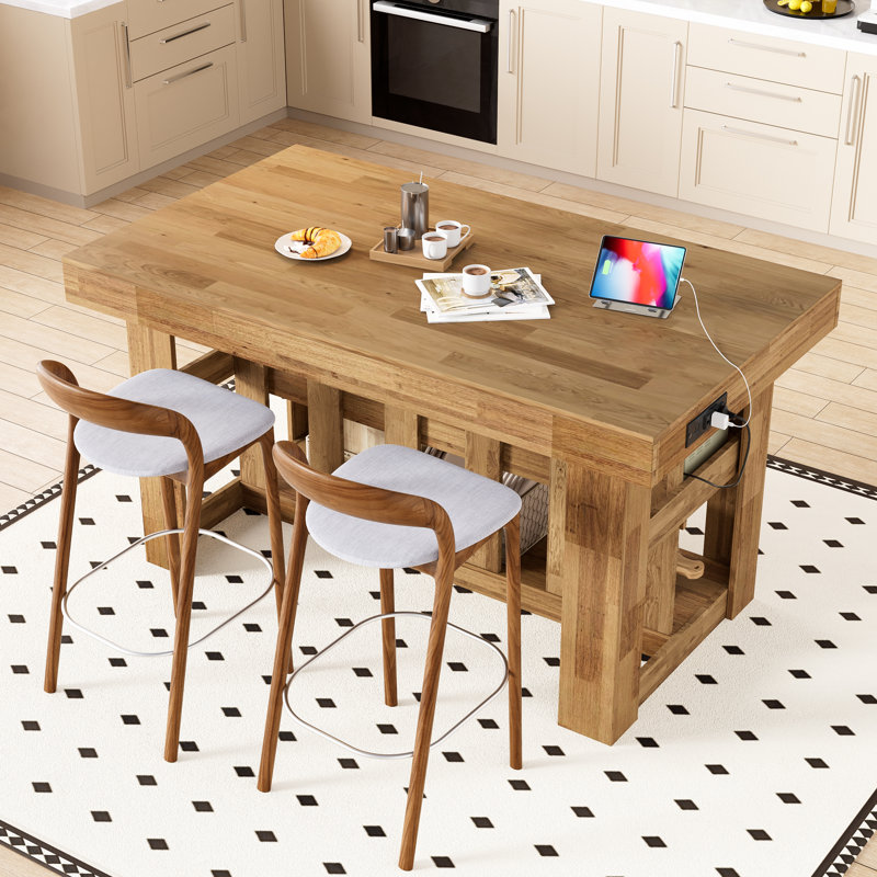 3-Tier Kitchen Island with Power Outlet & Storage Shelves, 55.1" Farmhouse Kitchen Shelf Bar Table with Large Worktop, Stable Wooden Structure