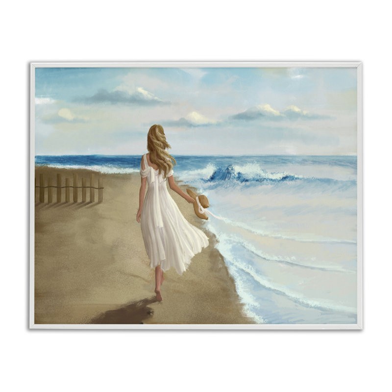 «Walk on the Beach Blue Ocean» par Ziwei Li - reproduction d'art, H 30 po x l 24 po, Giclée encadrée blanc bord de mer