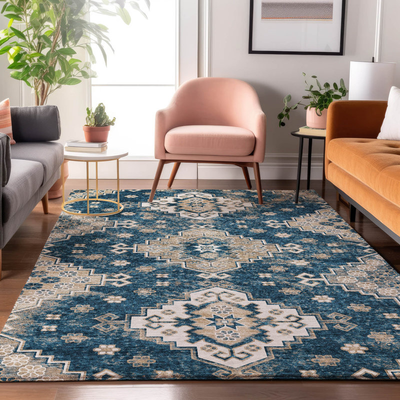 Tapis bleu marine de qualité supérieure lavable à la machine Prisco, Rectangle 10 pi x 14 pi