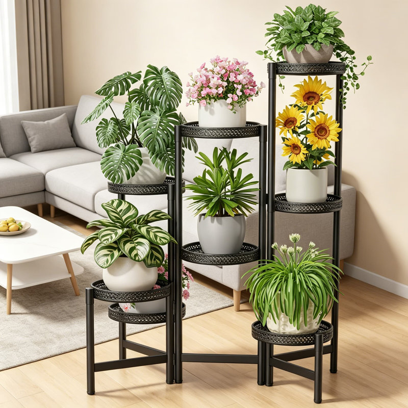 Support à plantes à 8 niveaux pour intérieur et extérieur, pot à fleurs robuste en fer forgé et pliable, présentoir décoratif pour patio, noir