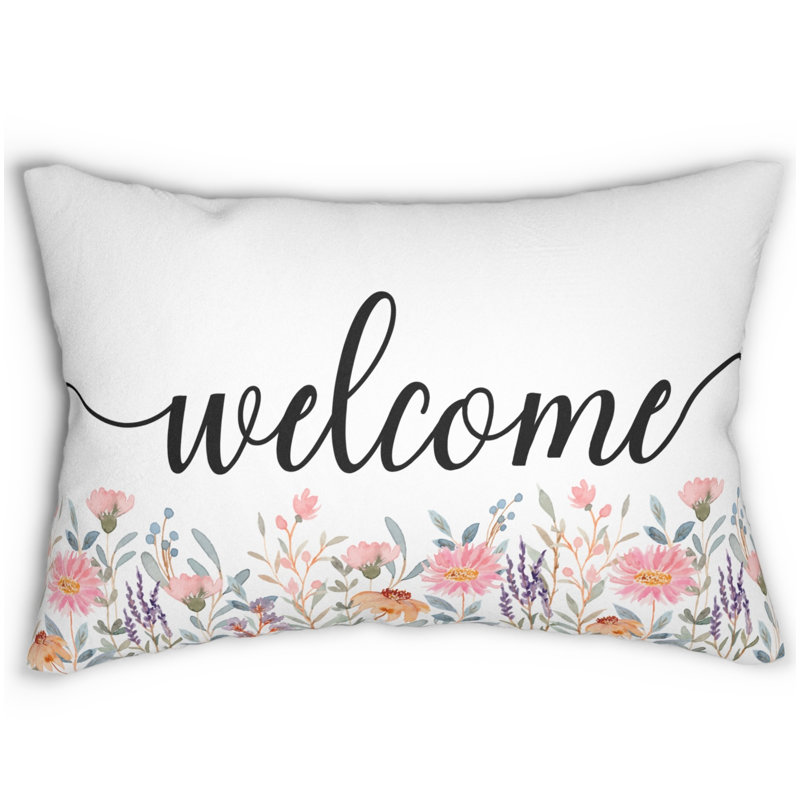 Welcome Calligraphy Decorative Lumbar Pillow / Typography Text Accent Rectangular Cushion, With Synthetic Fibers Insert