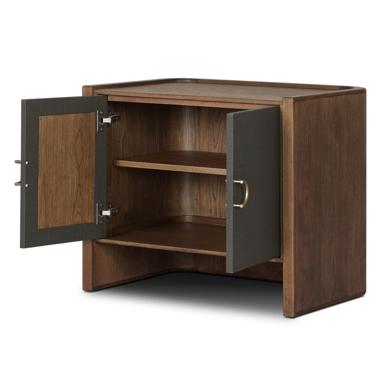 KIRAN Nightstand, Dark Green Lacquered Linen/Amber Oak Veneer