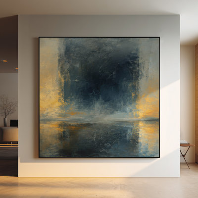 Très grand art mural imprimé sur tissu - Composition abstraite de lumière dorée chaleureuse avec lueur centrale bleu foncé et accents métalliques Design luxueux et moderne pour le salon ou la chambre à coucher - «Assemblage requis du cadre (cadre non fini)»