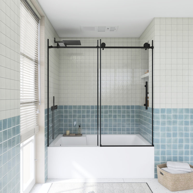 56-60" W × 60" H Single Sliding Semi-Frameless Tub Door, Matte Black