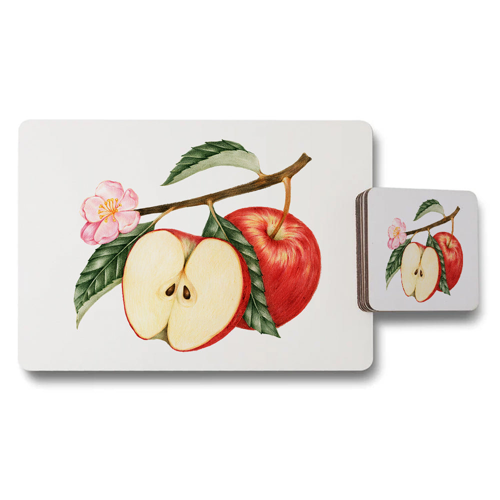 Apple Themed Placemats And Coaster Set With Botanical Design