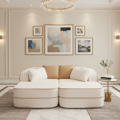 2 Piece Living Room Set 77.2" Teddy Sectional with Double Chaises, No Assembly, Modular Sofa, White with Contrast Piping