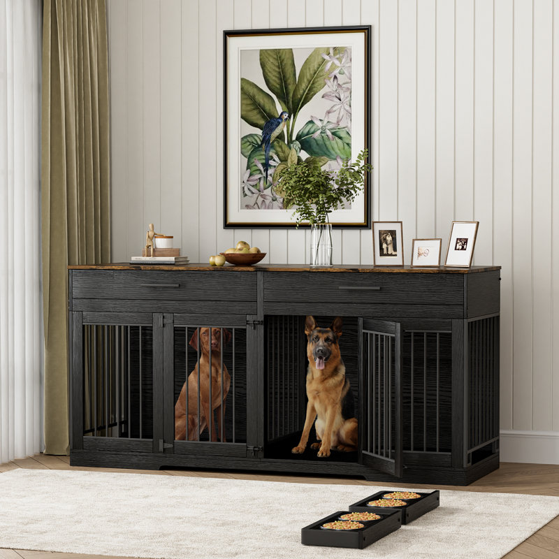 Meuble en bois pour cage de chien avec séparateur renforcé, 2 tiroirs et 2 bols pour chien., Noir / brun