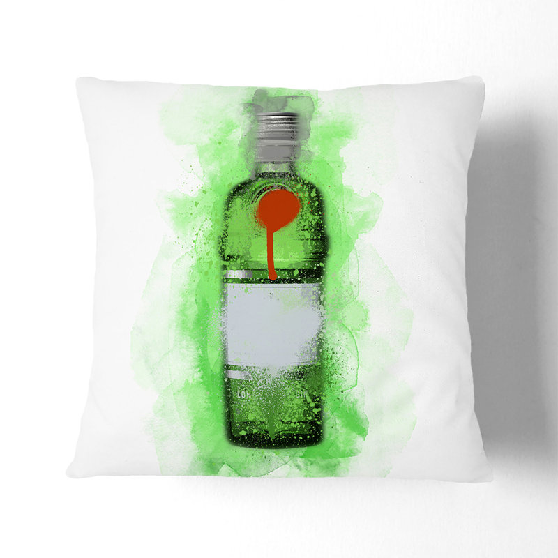 Green Gin Bottle Square Throw Cushion, 55cm H x 55cm W x 20cm D, Black