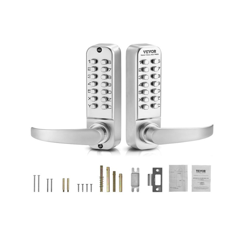 Serrure de porte mécanique sans clé, serrure mécanique à 14 touches, serrure à clavier mécanique avec poignée, serrure de portail étanche double face en acier inoxydable, couleur argent