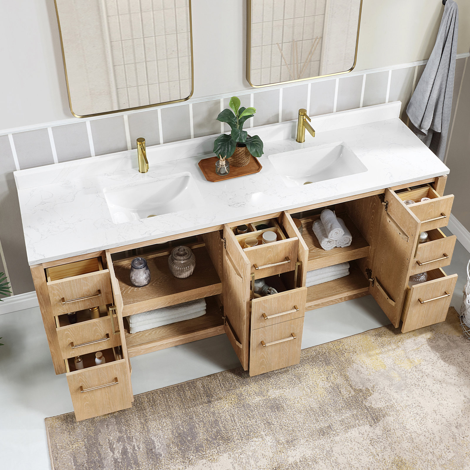 Cloverfield 84'' Double Bathroom Vanity, Gold, Washed Ash Gray