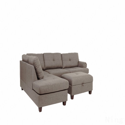 Contemporary 3-Pcs Sectional Sofa Mocha Dorris Fabric Cushion Sofa Chaise Ottoman Reversible Couch Pillows