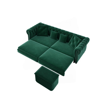 Canapé-lit gigogne de 89 po 3-en-1, canapé-lit convertible, canapé-lit très grand, méridienne, canapé en velours 3 places avec repose-pieds mobile, design capitonné, vert