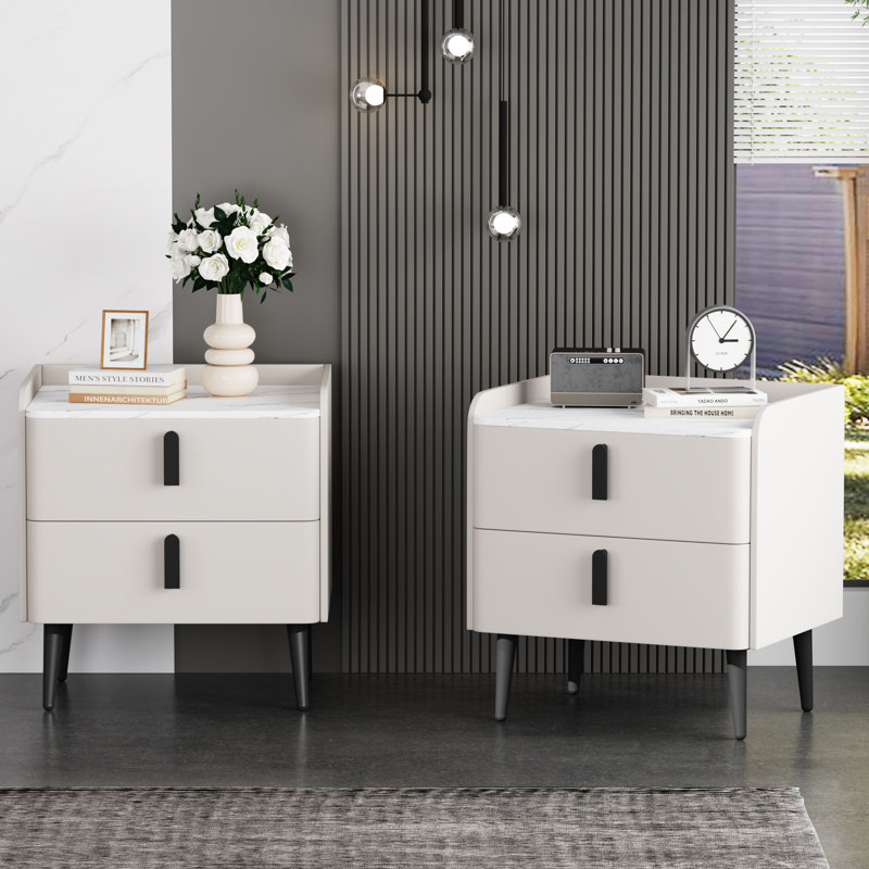Ensemble de 2 tables de chevet, table de chevet avec 2 tiroirs et plateau de table en marbre, table d'appoint moderne pour la chambre à coucher, table de bout pour le salon, blanc