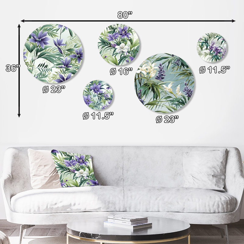 «Green Green», bambou, sérénade, motif tropical - ensemble d'art mural rond floral tropical de 5